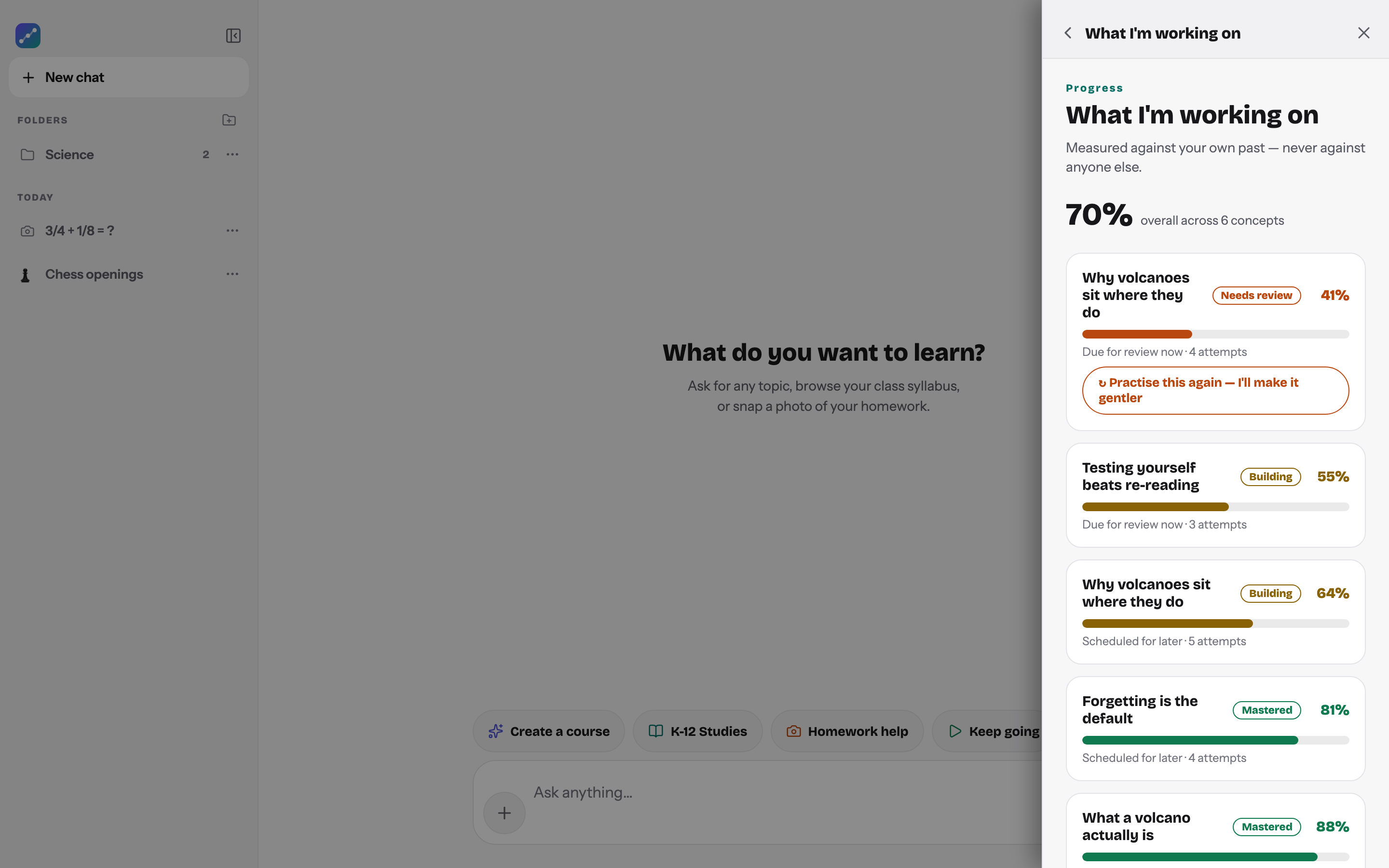 What I'm working on: per-concept progress marked Needs review, Building or Mastered, with a gentler practice course offered for the weakest one.