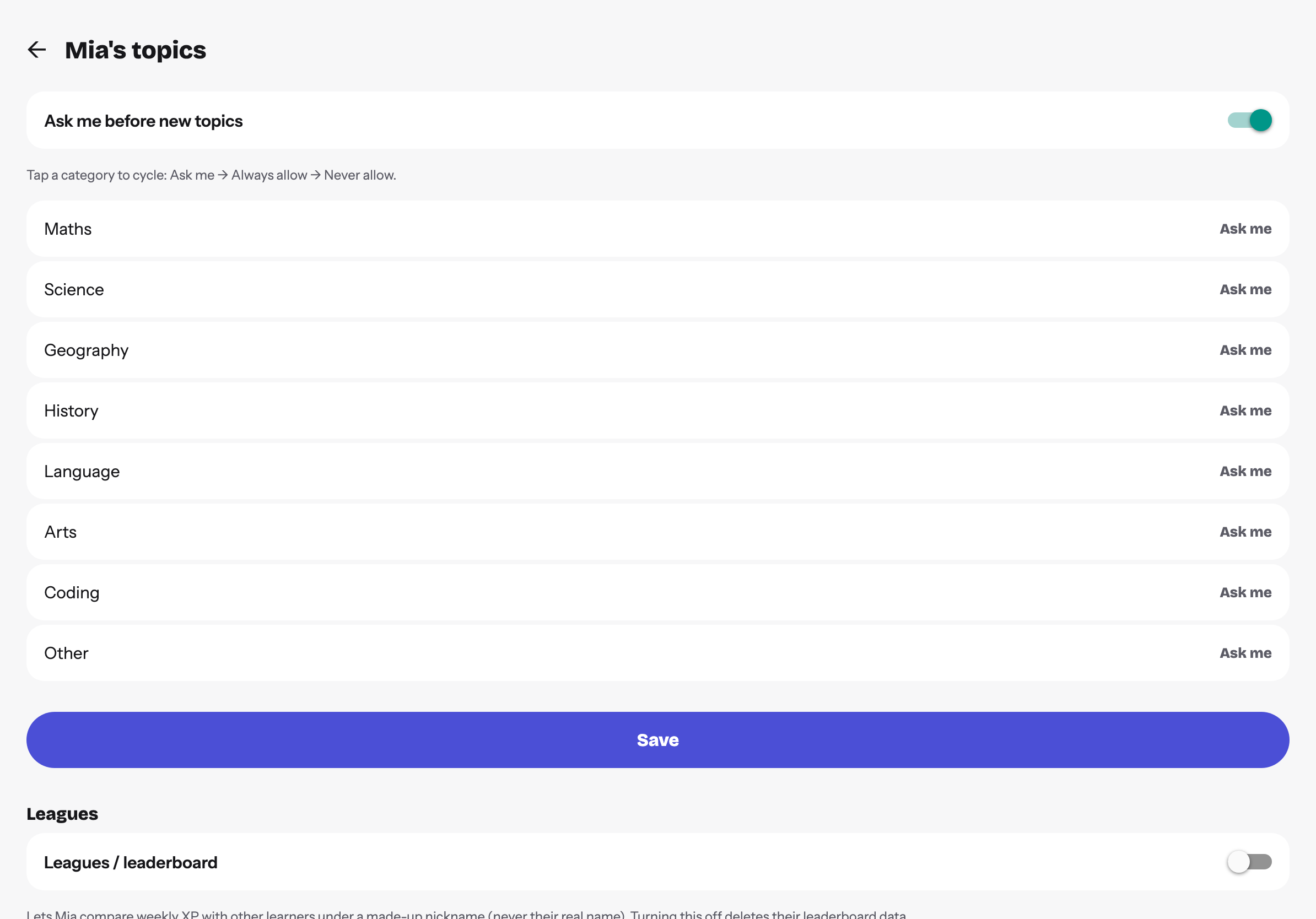 The parent topic-policy screen on iPad, showing per-category rules set to Allow, Ask or Deny for a child's account.